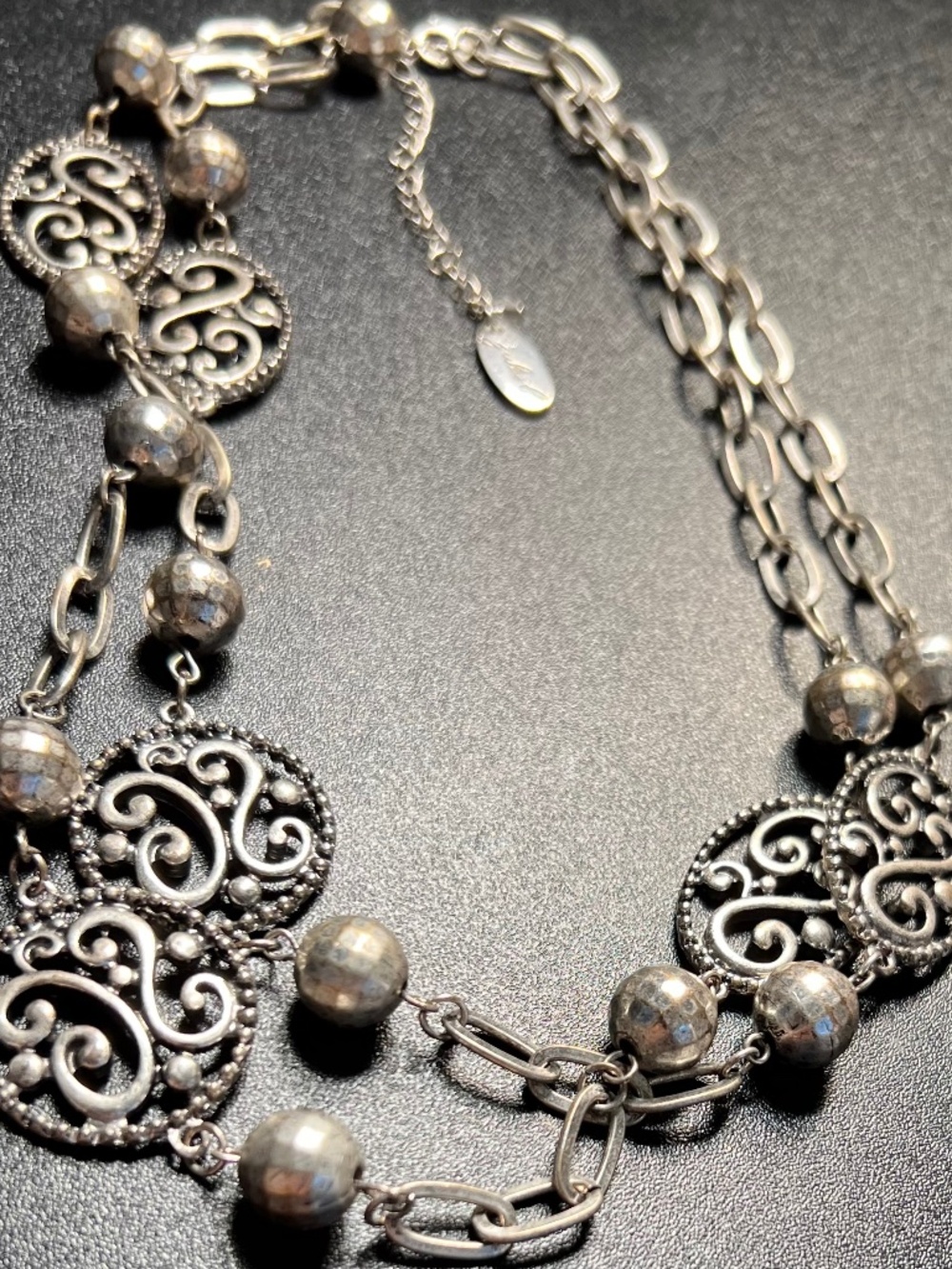 Vintage 60's Jules B. Silver Tone Scroll Disk Disco Bead Necklace